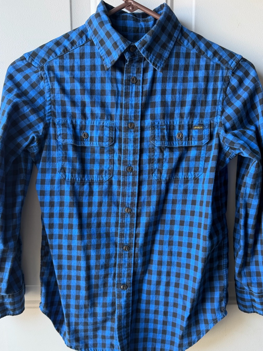 Polo Ralph Lauren Blue Black Buffalo Plaid Button Down Shirt Boys Size 8